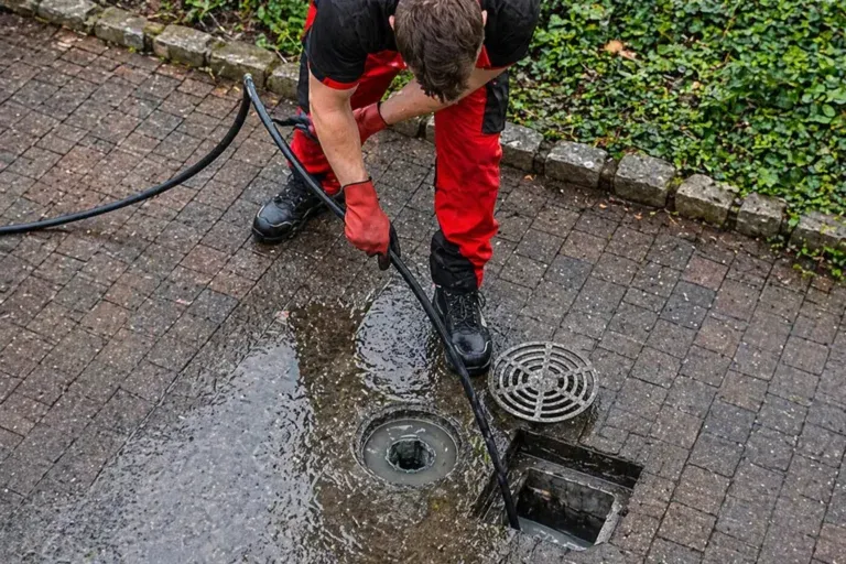 Technicien débouchant un avaloir de cour au flexible haute pression