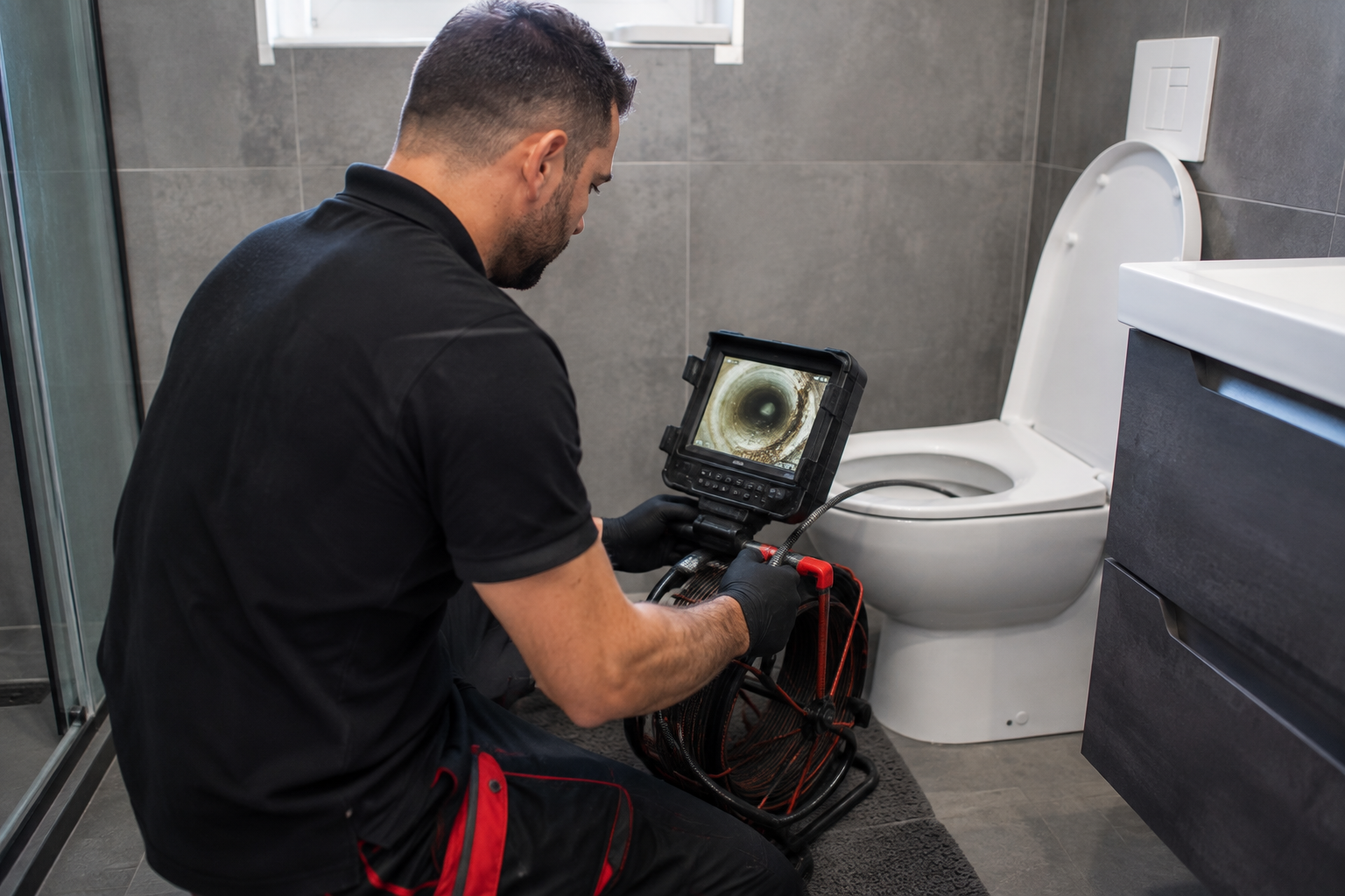 Inspection caméra d'une canalisation bouchée réalisée par un plombier professionnel en Belgique.