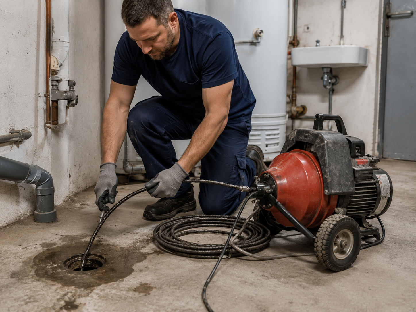 Plombier utilisant une machine professionnelle pour déboucher une canalisation