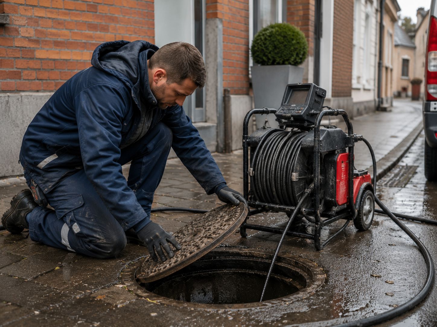 Plombier inspectant un accès d’égout bouché à Mons