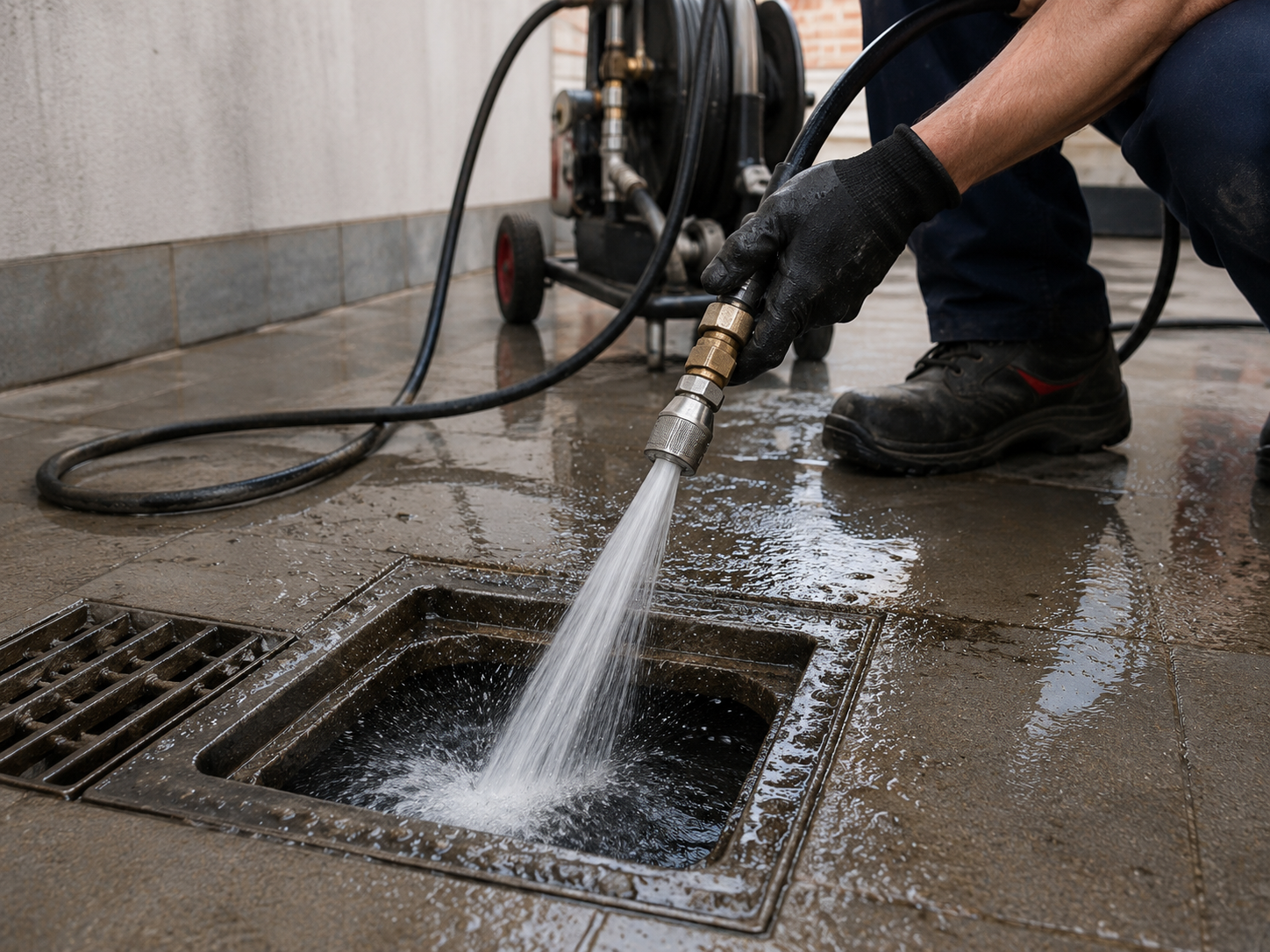 Plombier réalisant un débouchage haute pression d'une canalisation à Mons