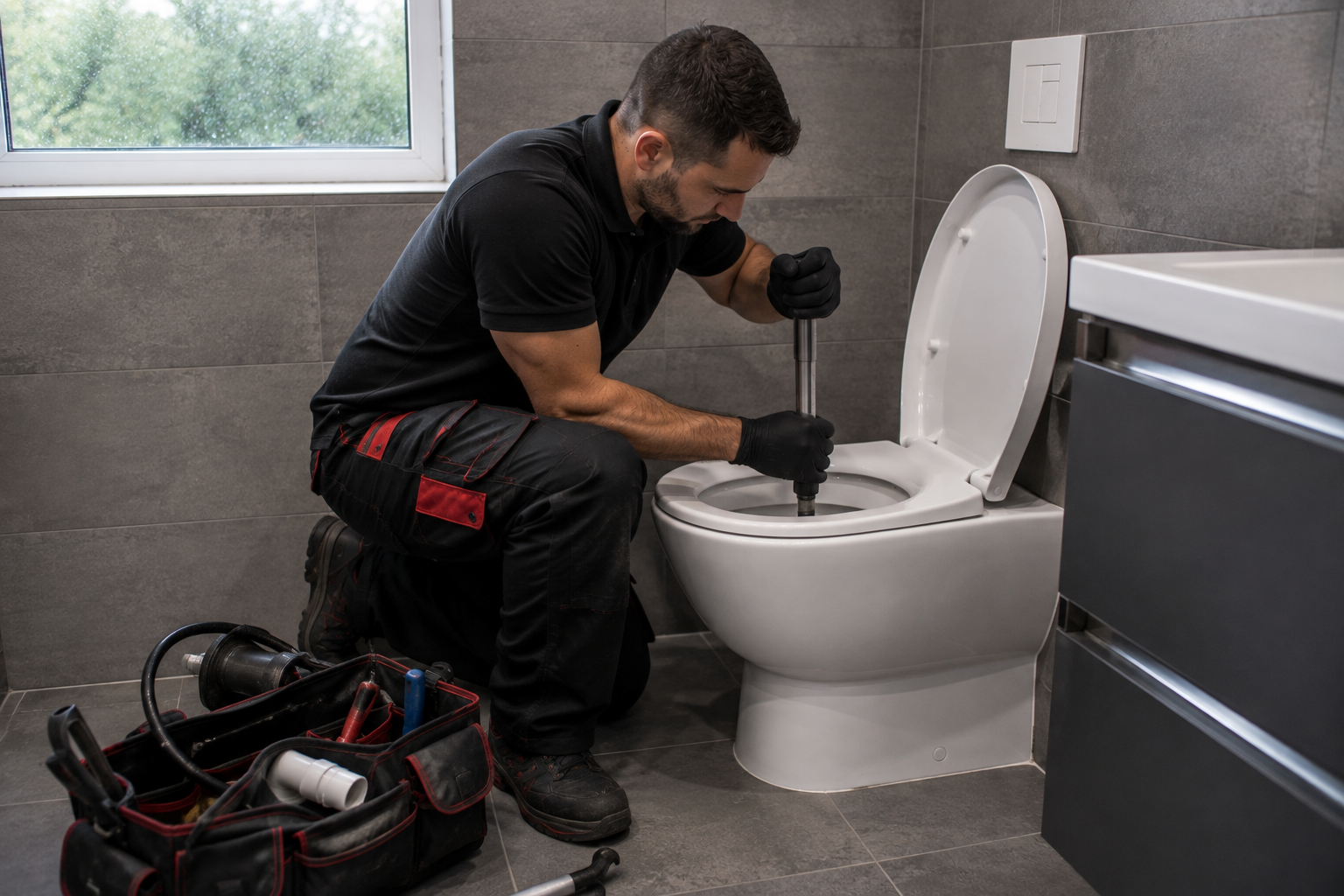 Plombier professionnel effectuant un débouchage manuel d'un WC bouché avec des outils spécialisés.