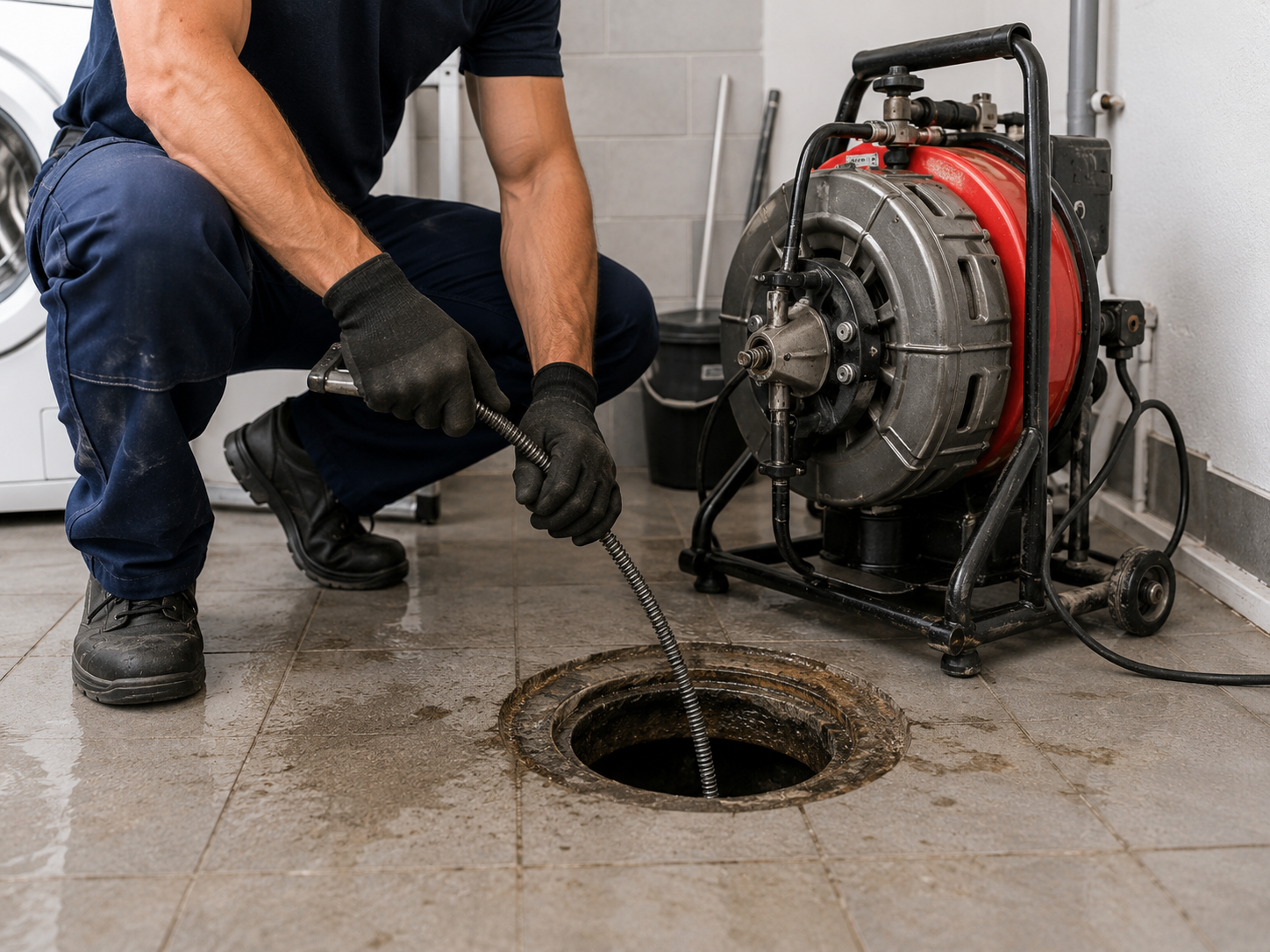Plombier utilisant un furet professionnel pour déboucher une canalisation à Mons