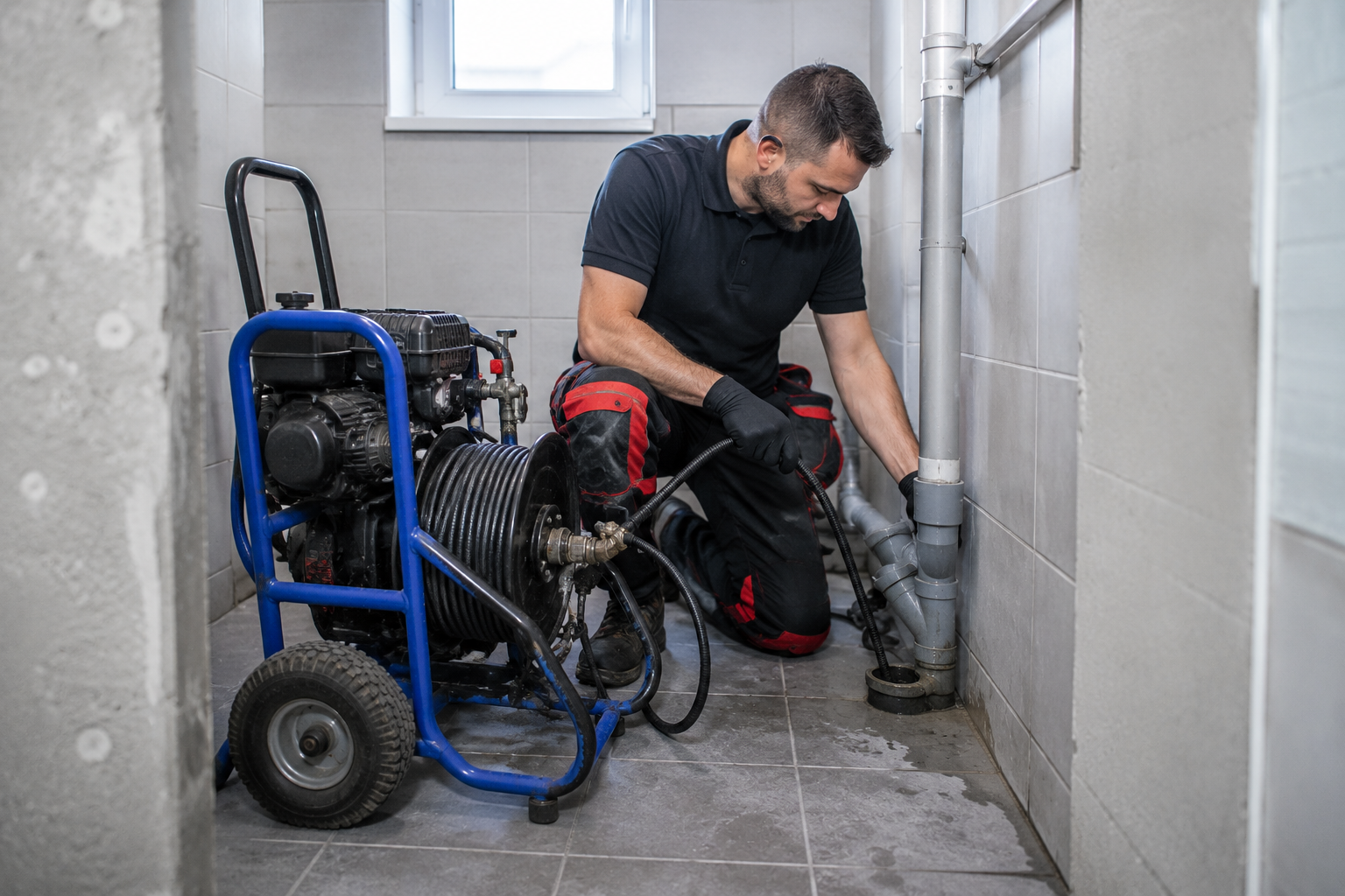 Technicien Belga Plomberie réalisant un hydrocurage haute pression pour nettoyer une canalisation bouchée.